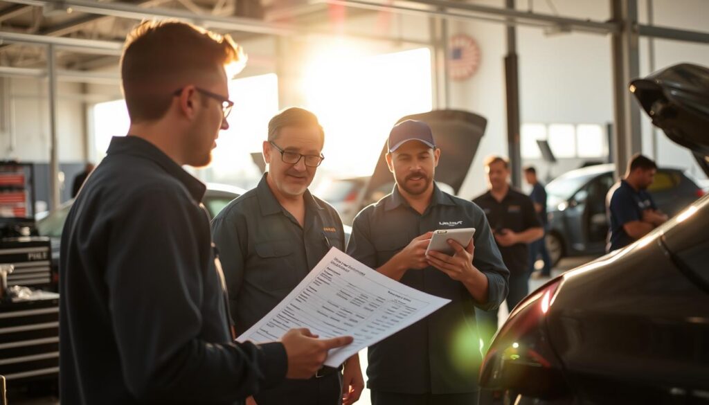 A spacious auto repair shop in Miami, the sun's warm rays streaming through the large windows, illuminating the neatly organized tools and equipment. In the foreground, a customer examines a detailed repair estimate, carefully reviewing the itemized costs and proposed fixes for their vehicle. The middle ground features a professional mechanic, clipboard in hand, explaining the findings and recommendations with a friendly, reassuring demeanor. In the background, other customers consult with staff, emphasizing the importance of obtaining multiple estimates to make an informed decision about the best body shop for their needs.