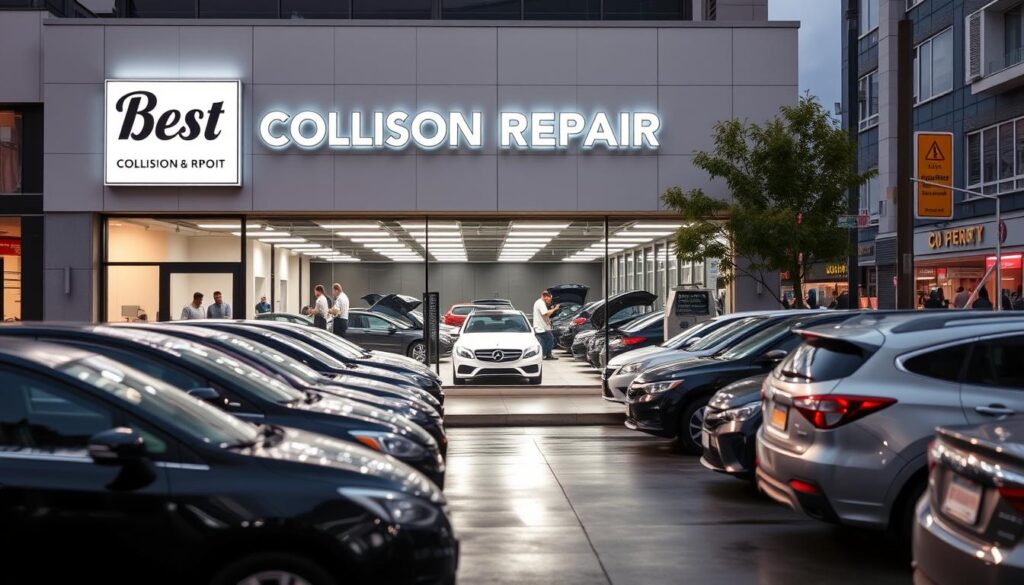 A well-lit, inviting exterior of a modern auto body shop, with a prominent "Best Collision Repair" sign and rows of neatly parked cars in the foreground. The building has a sleek, contemporary design with large windows, clean lines, and a professional, trustworthy atmosphere. In the middle ground, a team of skilled technicians can be seen working diligently on a variety of vehicles, showcasing their expertise. The background features a busy urban street with passing pedestrians and other businesses, conveying a sense of a thriving, reputable establishment within the community.