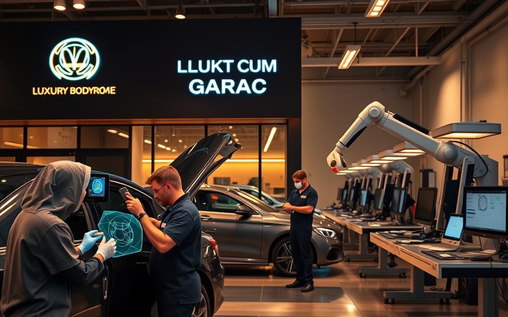 A sleek, modern auto body shop in Miami, with the Luxury Custom Garage logo prominently displayed on the facade. The interior is filled with advanced diagnostic equipment and cutting-edge repair tools. In the foreground, a technician uses a 3D scanner to precisely map out the dents on a vehicle, while in the middle ground, another worker operates a state-of-the-art robotic arm to carefully reshape the damaged panel. The background showcases a row of high-tech workstations, where mechanics utilize specialized software to plan and execute the optimal repair strategy. Warm, diffused lighting from overhead fixtures creates a sense of professionalism and efficiency, reflecting the shop's commitment to providing the best possible service to its customers.