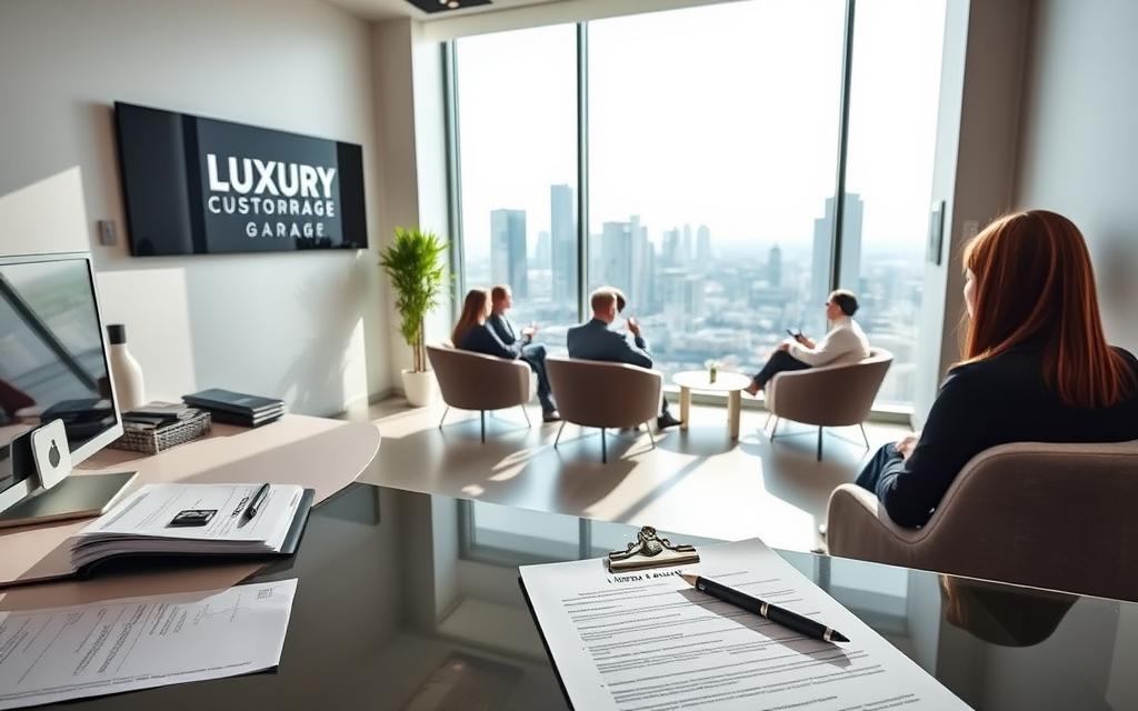 A sleek, modern office interior with a large window overlooking a bustling city skyline. In the foreground, a Luxury Custom Garage receptionist's desk with a computer, phone, and neatly organized paperwork. On the desk, an open insurance claim form and a pen waiting to be filled out. In the middle ground, several clients sitting in stylish, comfortable chairs, discussing their insurance claims with Luxury Custom Garage staff. The lighting is bright and natural, creating a professional and welcoming atmosphere. The walls are adorned with Luxury Custom Garage branding, conveying a sense of trust and expertise in handling insurance claims.